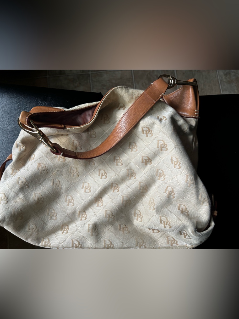 Dooney & Bourke Cream Monogram Shoulder Bag with Tan Leather Trim